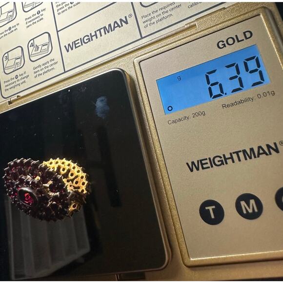 Antique signed solid 9kt gold genuine pyrope bohemian garnets brooch pin 6.39g - Picture 11 of 12